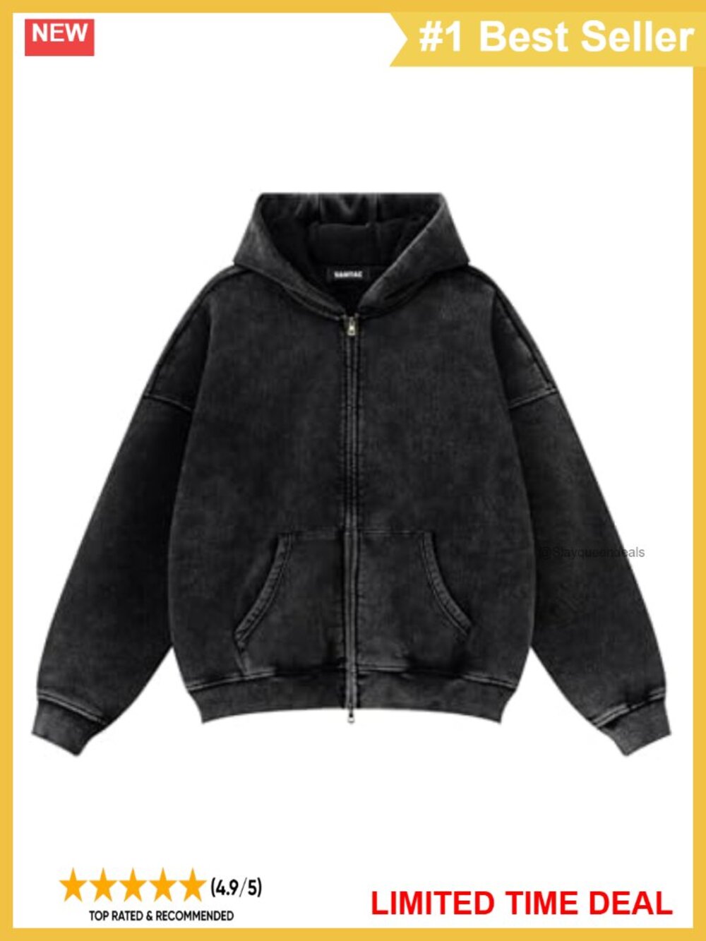 Heavyweight Fleece Acid Wash Double Zip Oversized Hoodie Sweatshirt
